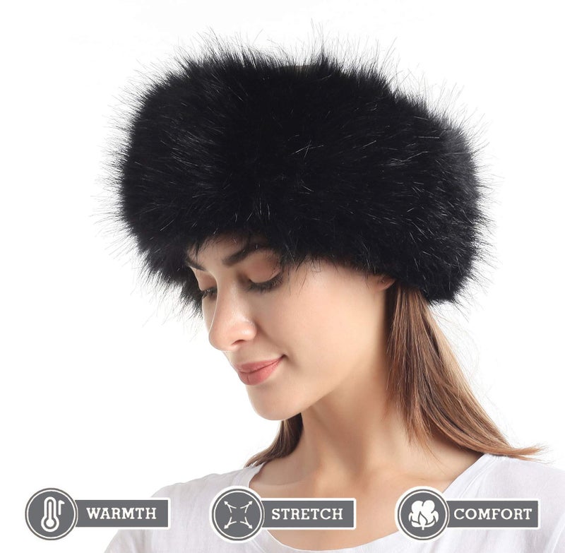 LA CARRIE Faux Fur Headband with Stretch Women's Winter Earwarmer Earmuff (Black) - Image 4